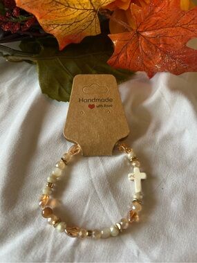 Handmade Cream & Gold crystal Beaded Cross Bracelet Christian / Catholic